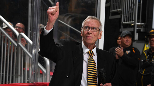 PITTSBURGH, PA - OCTOBER 08: Mike Lange acknowledges the crowd during a ceremony honoring his 45 years as Pittsburgh Penguins broadcaster at PPG PAINTS Arena on October 8, 2019 in Pittsburgh, Pennsylvania.