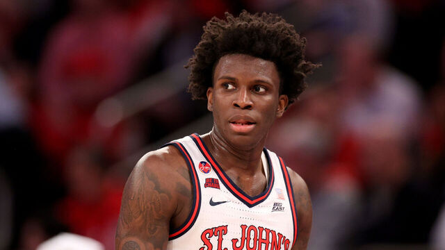 NEW YORK, NEW YORK - FEBRUARY 16: Kadary Richmond #1 of the St. John's Red Storm looks on against the Creighton Bluejays during the first half at Madison Square Garden on February 16, 2025 in New York City.
