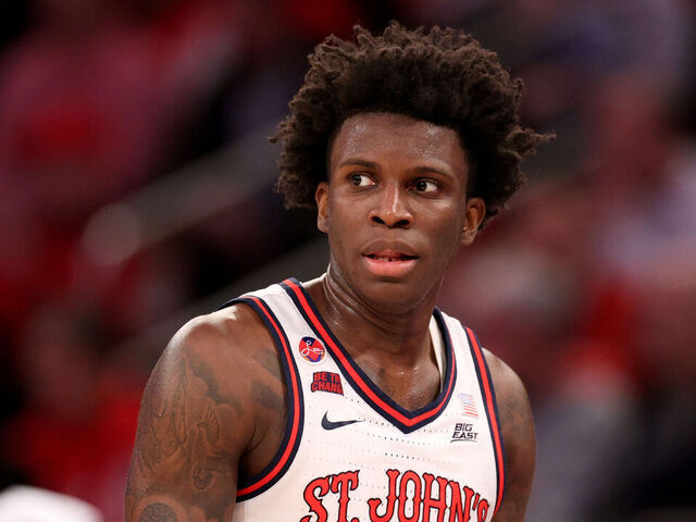 NEW YORK, NEW YORK - FEBRUARY 16: Kadary Richmond #1 of the St. John's Red Storm looks on against the Creighton Bluejays during the first half at Madison Square Garden on February 16, 2025 in New York City.