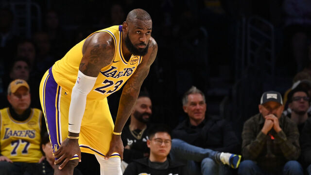 LOS ANGELES, CA - FEBRUARY 19: LeBron James #23 of the Los Angeles Lakers looks on during the game against the Charlotte Hornets on February 19, 2025 at Crypto.Com Arena in Los Angeles, California. NOTE TO USER: User expressly acknowledges and agrees that, by downloading and/or using this Photograph, user is consenting to the terms and conditions of the Getty Images License Agreement. Mandatory Copyright Notice: Copyright 2025 NBAE