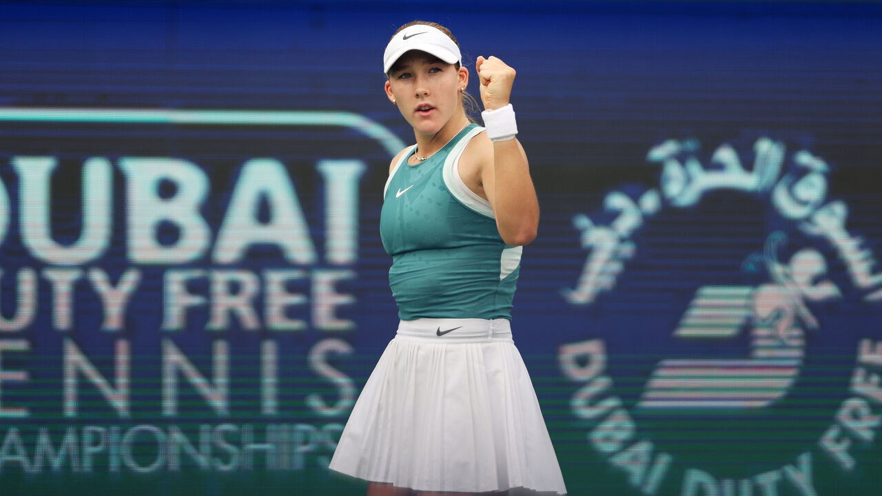 DUBAI, UNITED ARAB EMIRATES - FEBRUARY 20: Mirra Andreeva celebrates scoring a point against Iga Swiatek of Poland in their quarter final match during day five of the Dubai Duty Free Tennis Championships, part of the Hologic WTA Tour at Dubai Duty Free Tennis Stadium on February 20, 2025 in Dubai, United Arab Emirates.