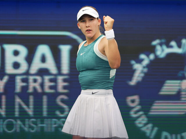 DUBAI, UNITED ARAB EMIRATES - FEBRUARY 20: Mirra Andreeva celebrates scoring a point against Iga Swiatek of Poland in their quarter final match during day five of the Dubai Duty Free Tennis Championships, part of the Hologic WTA Tour at Dubai Duty Free Tennis Stadium on February 20, 2025 in Dubai, United Arab Emirates.
