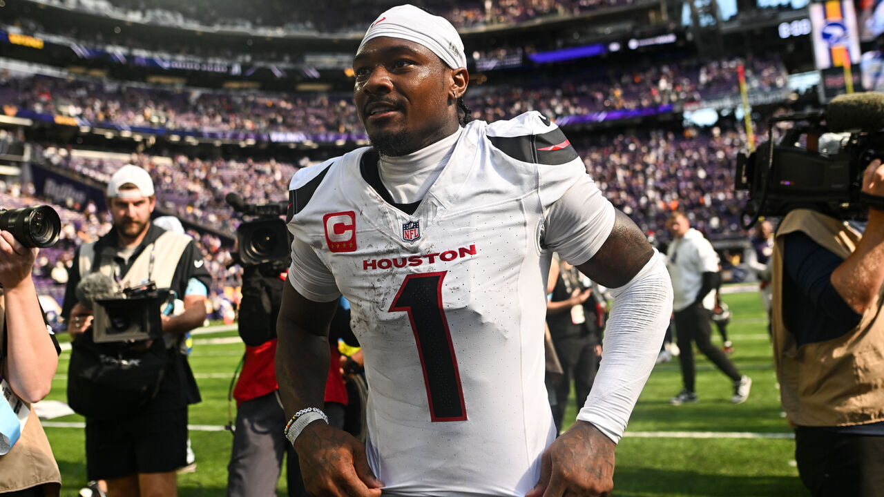 MINNEAPOLIS, MINNESOTA - SEPTEMBER 22: Stefon Diggs #1 of the Houston Texans looks on after the game against the Minnesota Vikings at U.S. Bank Stadium on September 22, 2024 in Minneapolis, Minnesota.