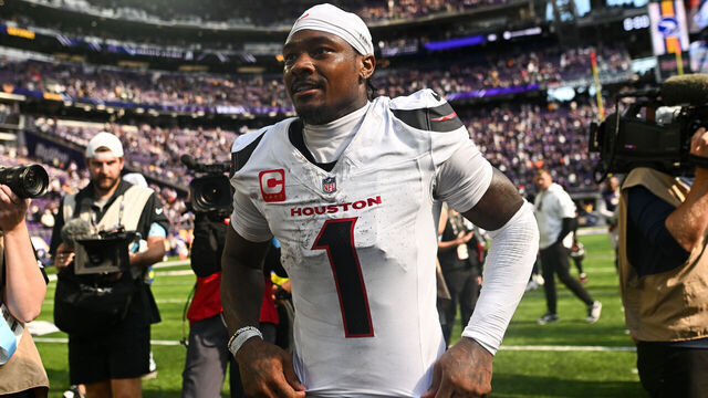 MINNEAPOLIS, MINNESOTA - SEPTEMBER 22: Stefon Diggs #1 of the Houston Texans looks on after the game against the Minnesota Vikings at U.S. Bank Stadium on September 22, 2024 in Minneapolis, Minnesota.
