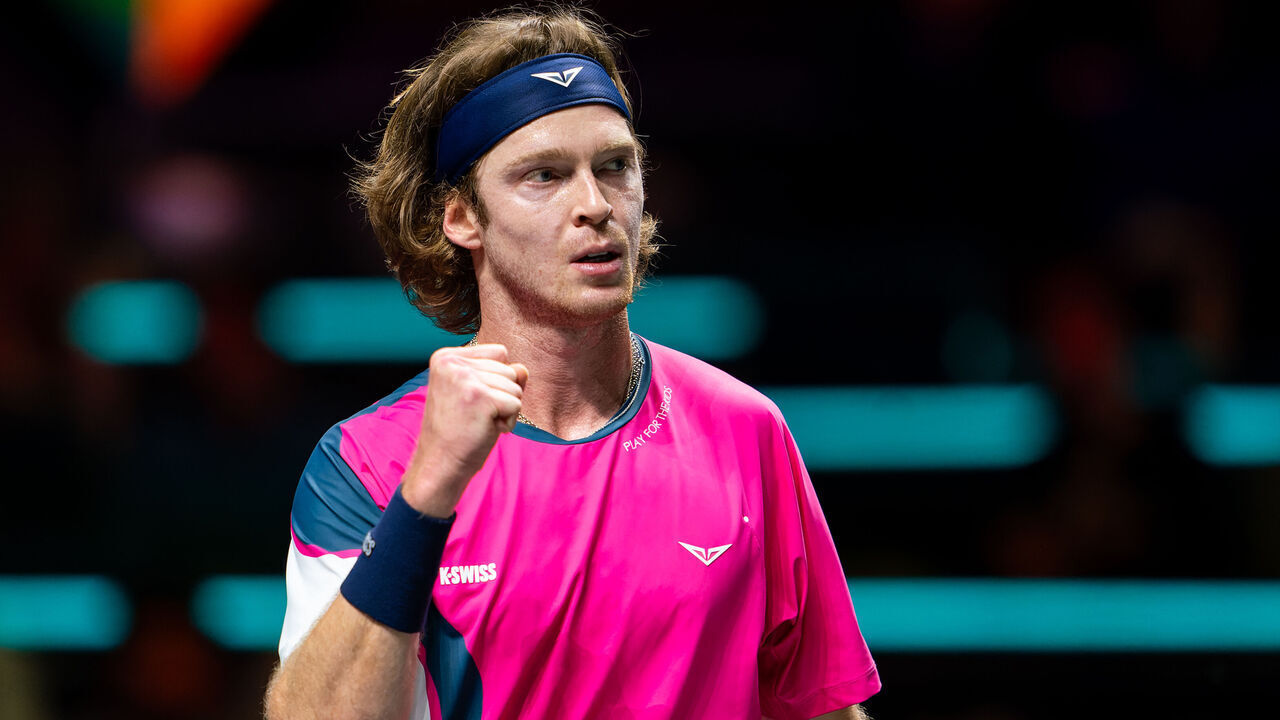 ROTTERDAM, NETHERLANDS - FEBRUARY 7: Andrey Rublev of Russia celebrating during Day Five of the ABN AMRO Open at Rotterdam Ahoy on February 7, 2025 in Rotterdam, Netherlands.