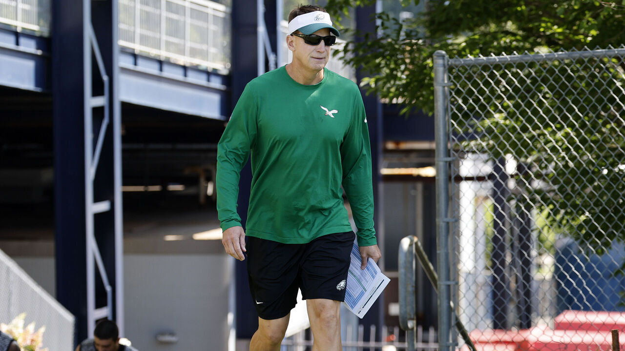 FOXBOROUGH, MA - AUGUST 13: Philadelphia Eagles quarterbacks coach Doug Nussmeier during joint training camp between the New England Patriots and the Philadelphia Eagles on August 13, 2024, at Gillette Stadium in Foxborough, Massachusetts.