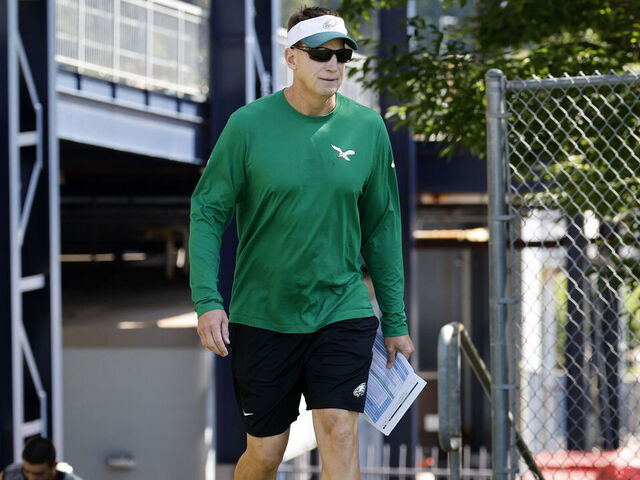FOXBOROUGH, MA - AUGUST 13: Philadelphia Eagles quarterbacks coach Doug Nussmeier during joint training camp between the New England Patriots and the Philadelphia Eagles on August 13, 2024, at Gillette Stadium in Foxborough, Massachusetts.