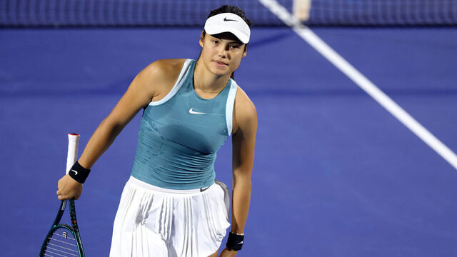 DUBAI, UNITED ARAB EMIRATES - FEBRUARY 18: Emma Raducanu of Great Britain looks on while playing against Karolina Muchova of the Czech Republic in their second round match during day three of the Dubai Duty Free Tennis Championships, part of the Hologic WTA Tour at Dubai Duty Free Tennis Stadium on February 18, 2025 in Dubai, United Arab Emirates.