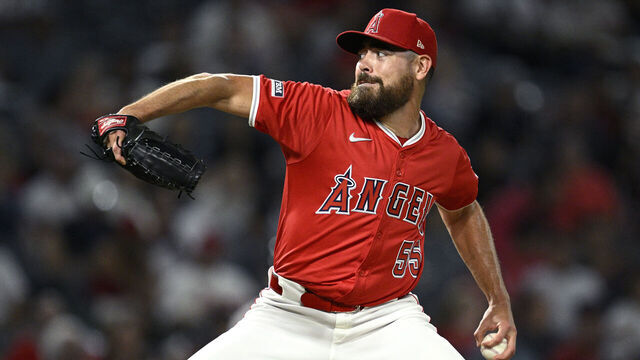 ANAHEIM, CALIFORNIA - AUGUST 16: Matt Moore #55 of the Los Angeles Angels pitches against the Atlanta Braves during the eighth inning at Angel Stadium of Anaheim on August 16, 2024 in Anaheim, California.