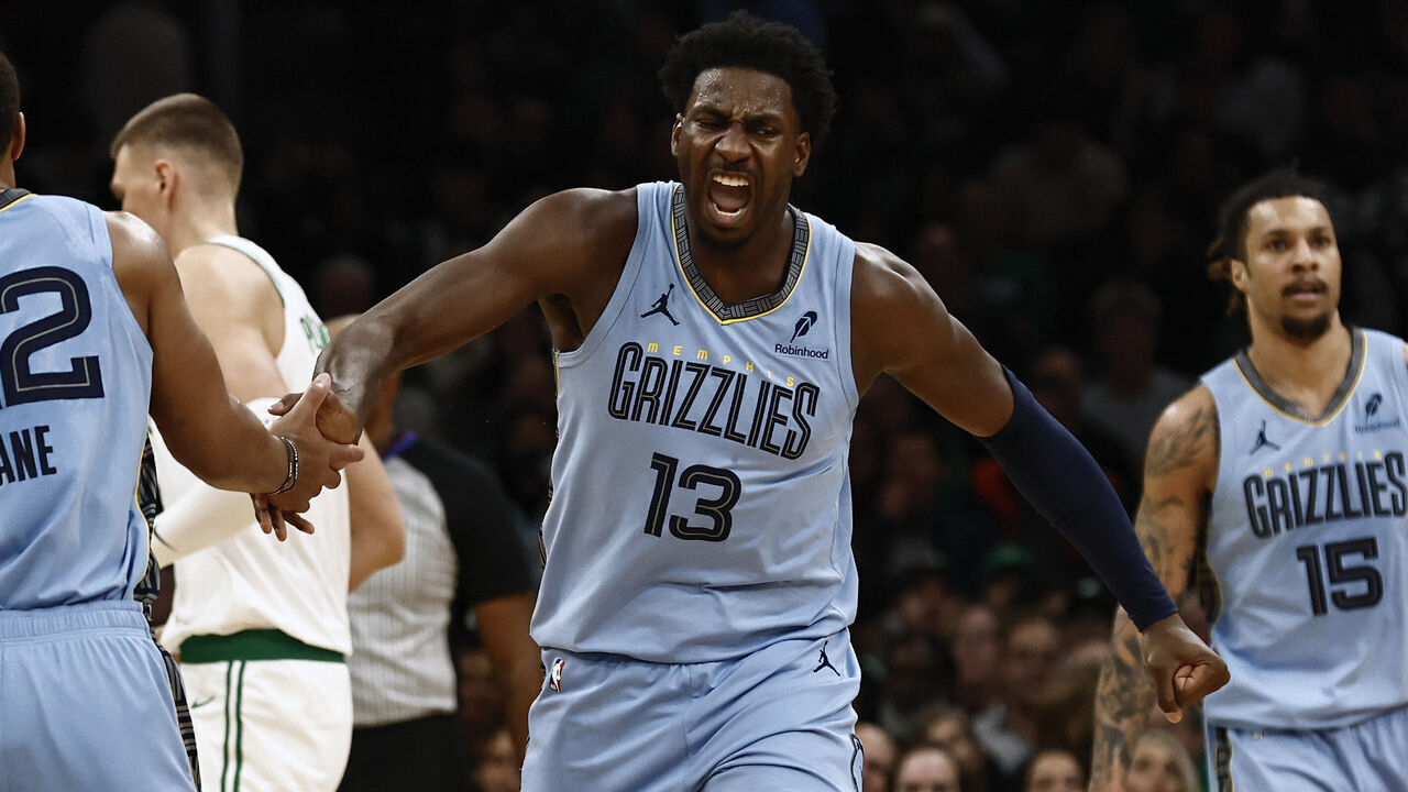 BOSTON, MA - DECEMBER 7: Jaren Jackson Jr. #13 of the Memphis Grizzlies celebrates with Desmond Bane #22 during the second half against the Boston Celtics at TD Garden on December 7, 2024 in Boston, Massachusetts. NOTE TO USER: User expressly acknowledges and agrees that, by downloading and/or using this Photograph, user is consenting to the terms and conditions of the Getty Images License Agreement.