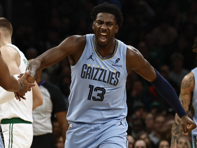 BOSTON, MA - DECEMBER 7: Jaren Jackson Jr. #13 of the Memphis Grizzlies celebrates with Desmond Bane #22 during the second half against the Boston Celtics at TD Garden on December 7, 2024 in Boston, Massachusetts. NOTE TO USER: User expressly acknowledges and agrees that, by downloading and/or using this Photograph, user is consenting to the terms and conditions of the Getty Images License Agreement.