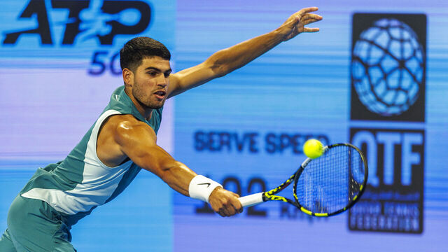 DOHA, QATAR - FEBRUARY 20: Carlos Alcaraz of Spain and Jiri Lehecka (not seen) of Czechia compete during the Qatar ExxonMobil Open 2025 Tennis Tournament Men's quarter final match organized by Association of Tennis Professionals at Khalifa International Tennis and Squash Complex in Doha, Qatar on February 20, 2025.