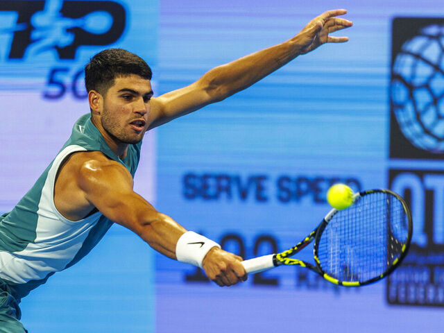 DOHA, QATAR - FEBRUARY 20: Carlos Alcaraz of Spain and Jiri Lehecka (not seen) of Czechia compete during the Qatar ExxonMobil Open 2025 Tennis Tournament Men's quarter final match organized by Association of Tennis Professionals at Khalifa International Tennis and Squash Complex in Doha, Qatar on February 20, 2025.