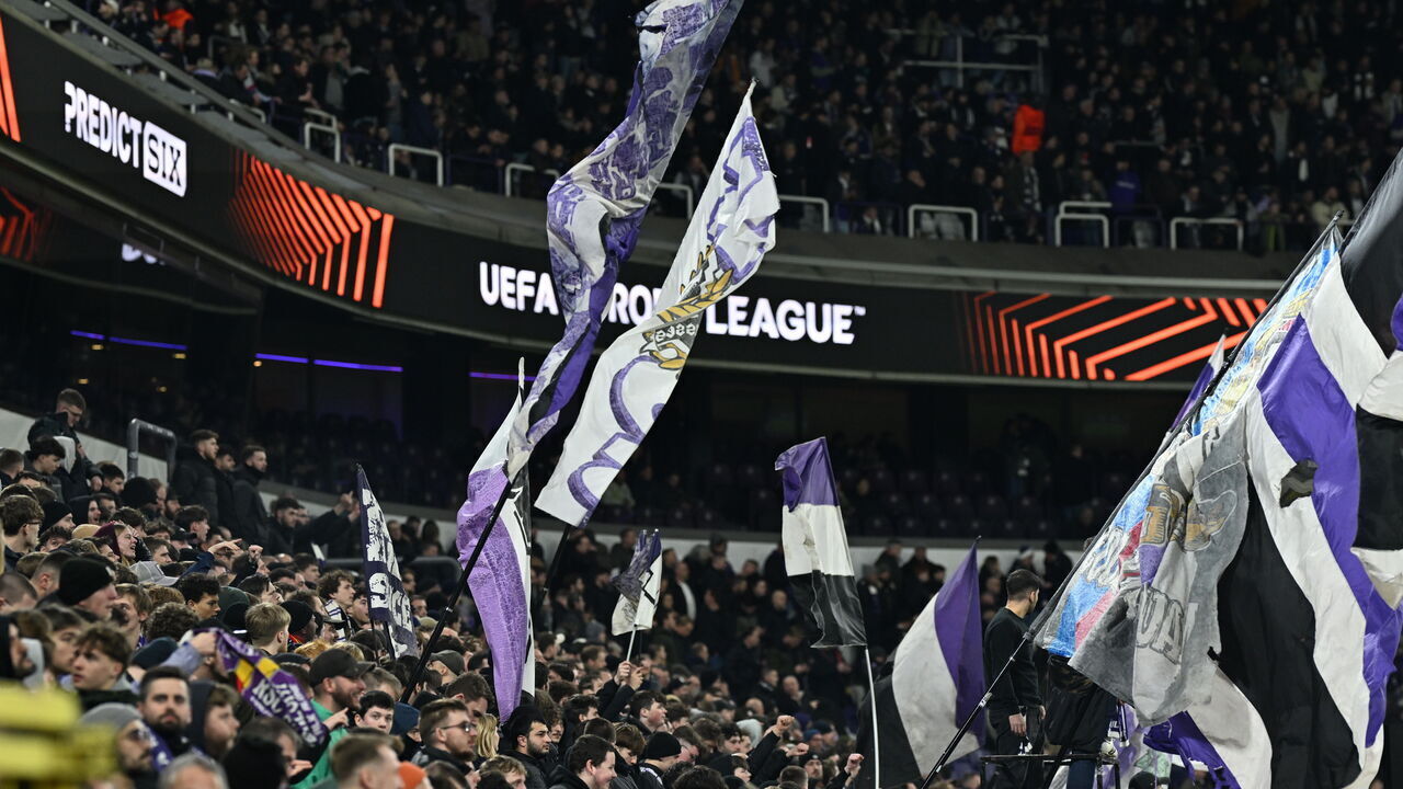 BRUSSELS, BELGIUM - FEBRUARY 20: Fans of Anderlecht are seen after the referee suspends the game due to unappropriated behaviors among the spectators during the UEFA Europa League knockout play-off football match between Anderlecht and Fenerbahce at Lotto Park in Brussels, Belgium on February 20, 2025.
