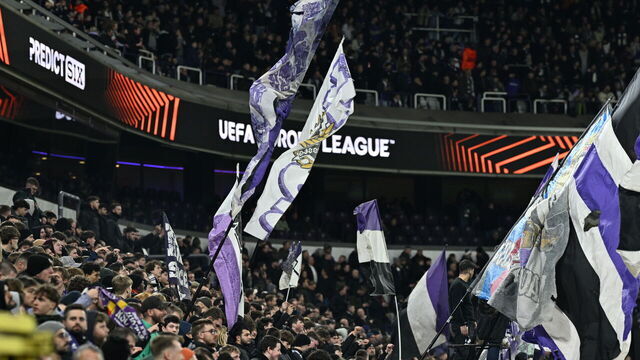 BRUSSELS, BELGIUM - FEBRUARY 20: Fans of Anderlecht are seen after the referee suspends the game due to unappropriated behaviors among the spectators during the UEFA Europa League knockout play-off football match between Anderlecht and Fenerbahce at Lotto Park in Brussels, Belgium on February 20, 2025.