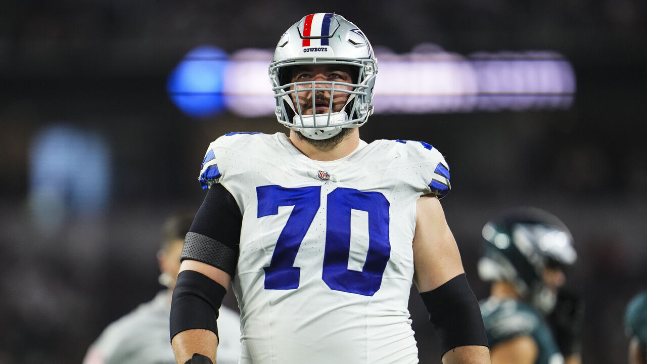 ARLINGTON, TX - NOVEMBER 10: Zack Martin #70 of the Dallas Cowboys looks on from the field during an NFL football game against the Philadelphia Eagles at AT&T Stadium on November 10, 2024 in Arlington, Texas.