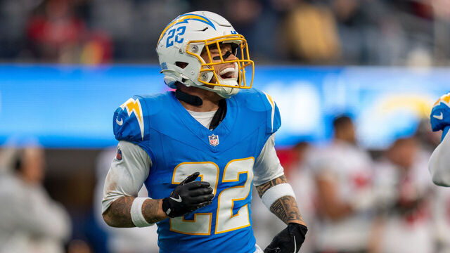 LOS ANGELES, CA - DECEMBER 15: Elijah Molden #22 of the Los Angeles Chargers smiles during a game between Tampa Bay Buccaneers and Los Angeles Chargers at SoFi Stadium on December 15, 2024 in Los Angeles, California.