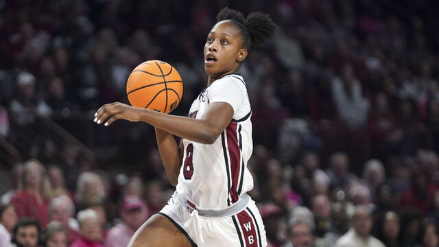 COLUMBIA, SOUTH CAROLINA - FEBRUARY 13: Joyce Edwards #8 of the South Carolina Gamecocks drives to the hoop during the first quarter an NCAA women's basketball game against the Florida Gators at Colonial Life Arena on February 13, 2025 in Columbia, South Carolina. South Carolina won 101-63.