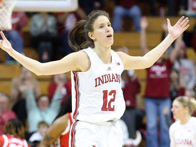 BLOOMINGTON, INDIANA - FEBRUARY 20: Yarden Garzon #12 of the Indiana Hoosiers celebrates after making a basket in the fourth quarter of the game against the Ohio State Buckeyes at Simon Skjodt Assembly Hall on February 20, 2025 in Bloomington, Indiana.