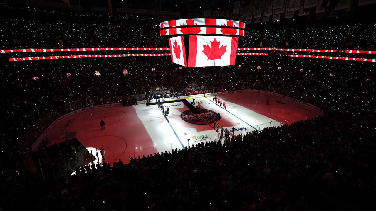 BOSTON, MASSACHUSETTS - FEBRUARY 20: A general view of the atmosphere during the Canadian national anthem prior to the NHL 4 Nations Face-Off Championship Game between Team Canada and Team United States at TD Garden on February 20, 2025 in Boston, Massachusetts.