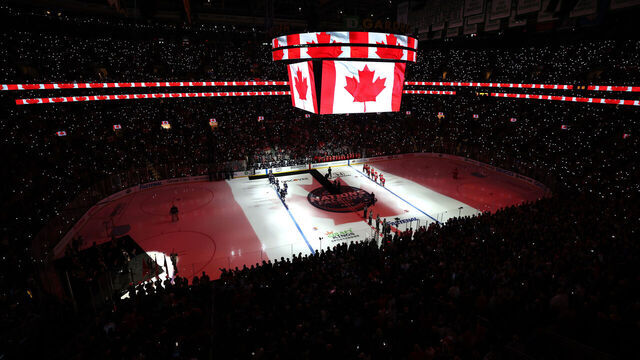 BOSTON, MASSACHUSETTS - FEBRUARY 20: A general view of the atmosphere during the Canadian national anthem prior to the NHL 4 Nations Face-Off Championship Game between Team Canada and Team United States at TD Garden on February 20, 2025 in Boston, Massachusetts.