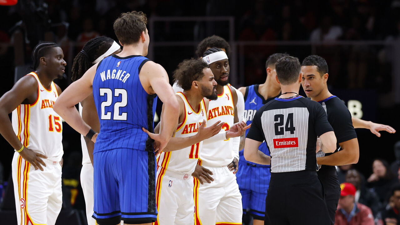 ATLANTA, GEORGIA - FEBRUARY 20: Trae Young #11 of the Atlanta Hawks is called for a technical during the fourth quarter against the Orlando Magic at State Farm Arena on February 20, 2025 in Atlanta, Georgia.