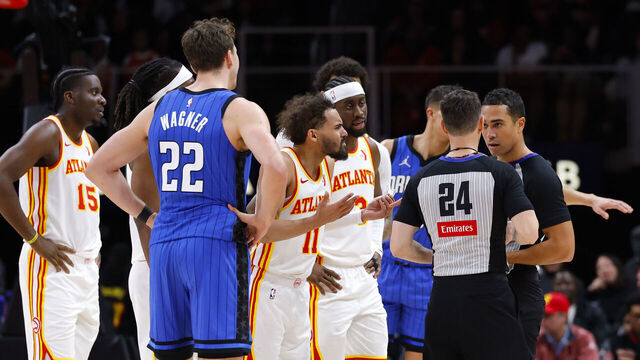 ATLANTA, GEORGIA - FEBRUARY 20: Trae Young #11 of the Atlanta Hawks is called for a technical during the fourth quarter against the Orlando Magic at State Farm Arena on February 20, 2025 in Atlanta, Georgia.