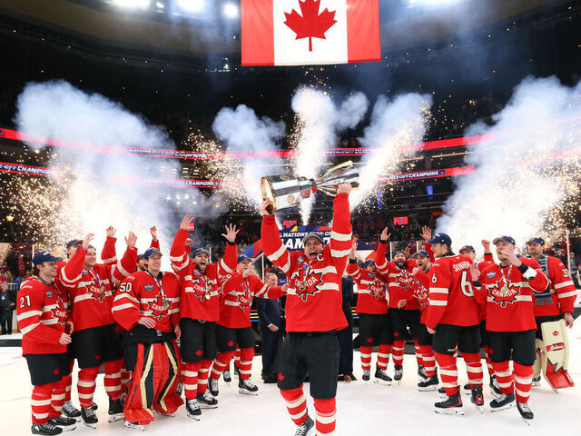 BOSTON, MASSACHUSETTS - FEBRUARY 20: Sidney Crosby #87 of Team Canada celebrates with his teammates after defeating Team United States in overtime to win the NHL 4 Nations Face-Off Championship Game at TD Garden on February 20, 2025 in Boston, Massachusetts.