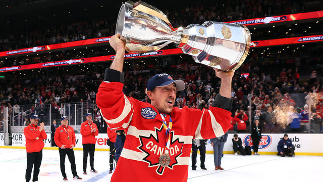 BOSTON, MASSACHUSETTS - FEBRUARY 20: Brad Marchand #63 of Team Canada celebrates with his teammates after defeating Team United States in overtime to win the NHL 4 Nations Face-Off Championship Game at TD Garden on February 20, 2025 in Boston, Massachusetts.