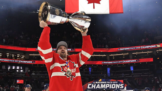 BOSTON, MASSACHUSETTS - FEBRUARY 20: Mark Stone #61 of Team Canada hoists the 4 Nations Face-Off Trophy after their 3-2 overtime win in the 4 Nations Face-Off Championship game between Team Canada and Team United States at TD Garden on February 20, 2025 in Boston, Massachusetts. Team Canada defeated Team United States 3-2 in overtime.