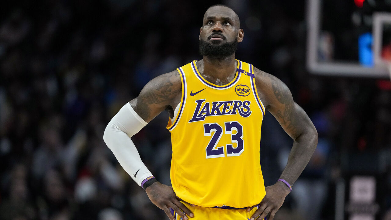 PORTLAND, OR - FEBRUARY 20: LeBron James #23 of the Los Angeles Lakers looks on during the game against the Portland Trail Blazers on February 20, 2025 at the Moda Center Arena in Portland, Oregon. Mandatory Copyright Notice: Copyright 2025 NBAE