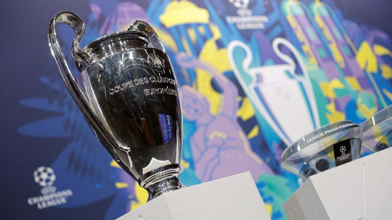 A photo shows European Champion Clubs' Cup trophy displayed on set prior to the draw for the round of 16 of the 2024-2025 UEFA Champions League football tournament at the House of European Football in Nyon, on February 21, 2025.