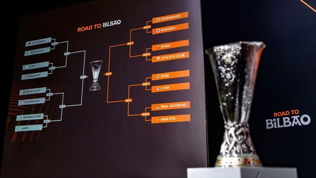 A screen displays the result of the draw for the round of 16 of the 2024-2025 UEFA Europa League football tournament at the House of European Football in Nyon, on February 21, 2025.