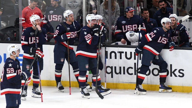 BOSTON, MASSACHUSETTS - FEBRUARY 20: Team United States look on from their bench area after losing 3-2 in the first overtime period of the 4 Nations Face-Off Championship game between Team Canada and Team United States at TD Garden on February 20, 2025 in Boston, Massachusetts.