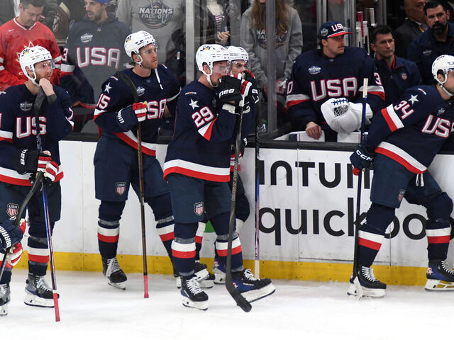 BOSTON, MASSACHUSETTS - FEBRUARY 20: Team United States look on from their bench area after losing 3-2 in the first overtime period of the 4 Nations Face-Off Championship game between Team Canada and Team United States at TD Garden on February 20, 2025 in Boston, Massachusetts.