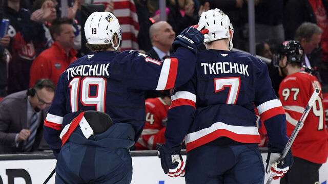 BOSTON, MASSACHUSETTS - FEBRUARY 20: Brady Tkachuk #7 of Team United States celebrates with his brother Matthew Tkachuk #19 after scoring a goal during the first period of the 4 Nations Face-Off Championship game between Team Canada and Team United States at TD Garden on February 20, 2025 in Boston, Massachusetts.