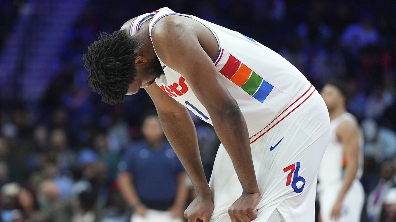 PHILADELPHIA, PENNSYLVANIA - FEBRUARY 11: Joel Embiid #21 of the Philadelphia 76ers looks down against the Toronto Raptors in the second half at the Wells Fargo Center on February 11, 2025 in Philadelphia, Pennsylvania. The Raptors defeated the 76ers 106-103. NOTE TO USER: User expressly acknowledges and agrees that, by downloading and/or using this photograph, user is consenting to the terms and conditions of the Getty Images License Agreement.