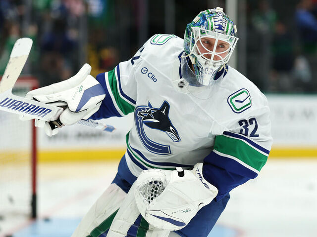 DALLAS, TEXAS - JANUARY 31: Kevin Lankinen #32 of the Vancouver Canucks skates prior to the game against the Dallas Stars at American Airlines Center on January 31, 2025 in Dallas, Texas.