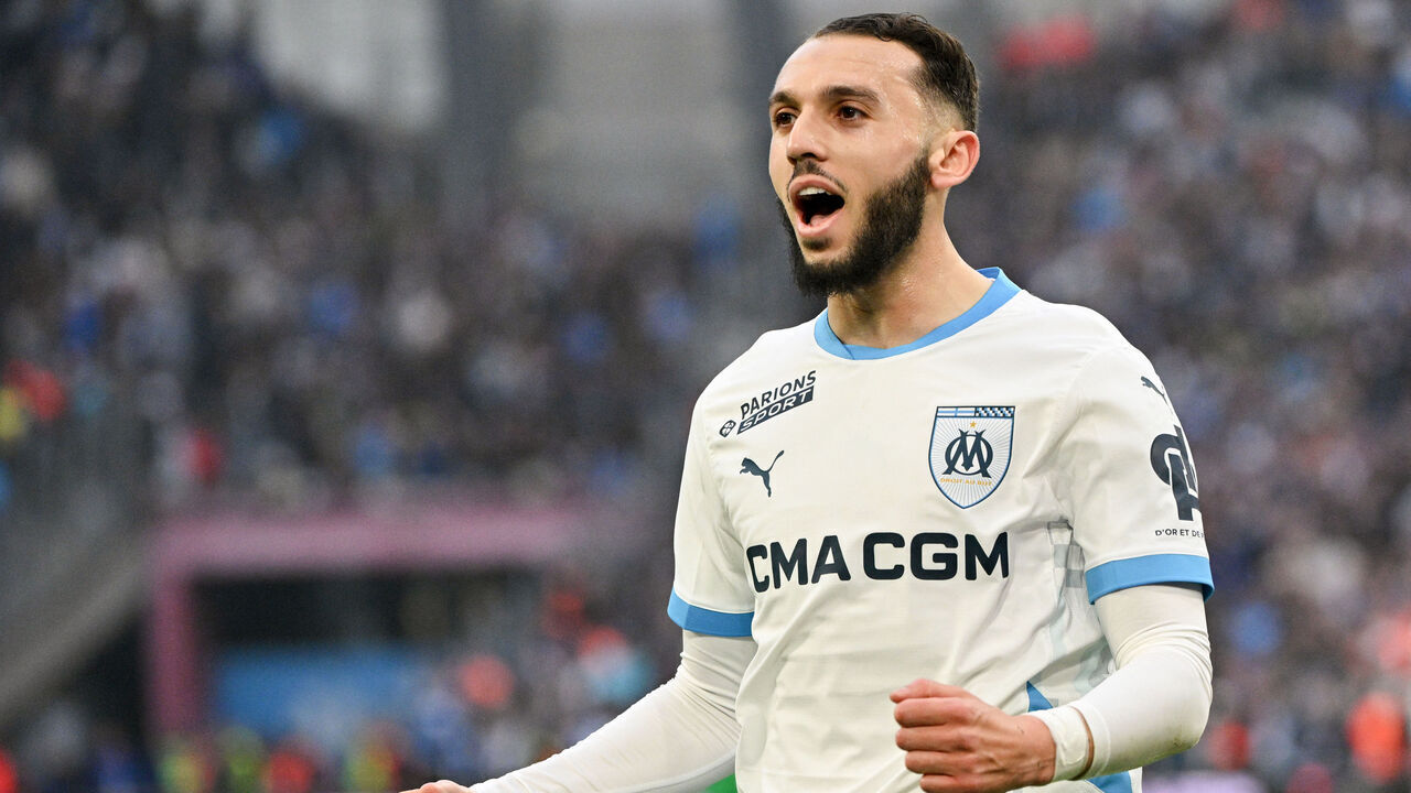 Marseille's French forward #09 Amine Gouiri celebrates after he scored his team's first goal during the French L1 football match between Olympique de Marseille (OM) and AS Saint-Etienne at Stade Velodrome in Marseille, southern France on February 15,2025.