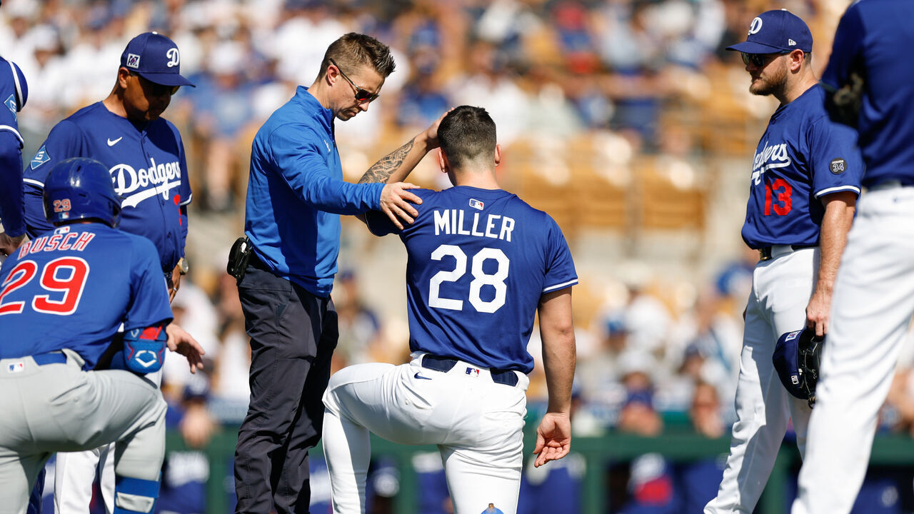 GLENDALE, AZ - FEBRUARY 20: Bobby Miller #28 of the Los Angeles Dodgers is attended by team staff after being hit by a line drive by Michael Busch #29 of the Chicago Cubs in the third inning during the game at Camelback Ranch on Thursday, February 20, 2025 in Glendale, Arizona.