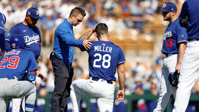 GLENDALE, AZ - FEBRUARY 20: Bobby Miller #28 of the Los Angeles Dodgers is attended by team staff after being hit by a line drive by Michael Busch #29 of the Chicago Cubs in the third inning during the game at Camelback Ranch on Thursday, February 20, 2025 in Glendale, Arizona.