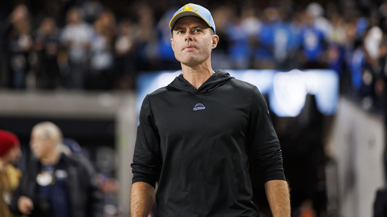 LAS VEGAS, NEVADA - DECEMBER 14: Brandon Staley of the Los Angeles Chargers looks on during pregame warmups before an NFL football game against the Las Vegas Raiders at Allegiant Stadium on December 14, 2023 in Las Vegas, Nevada.
