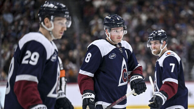DENVER, CO - NOVEMBER 11: Nathan MacKinnon (29), Cale Makar (8) and Devon Toews (7) of the Colorado Avalanche take the ice during the third period of the Avs' 3-2 win over the Nashville Predators at Ball Arena in Denver, Colorado on Monday, November 11, 2024.
