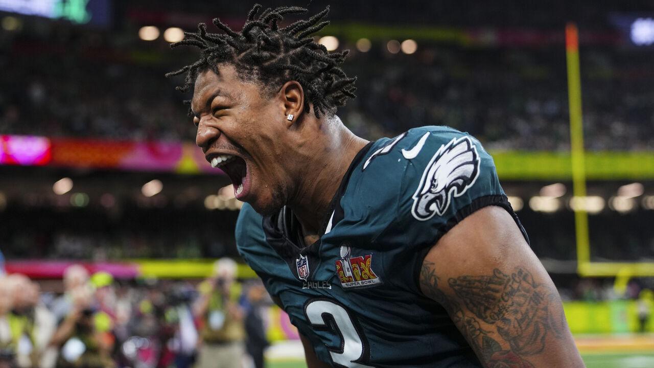 NEW ORLEANS, LA - FEBRUARY 09: Nolan Smith Jr. #3 of the Philadelphia Eagles celebrates during the NFL Super Bowl 59 football game against the Kansas City Chiefs at Caesars Superdome on February 9, 2025 in New Orleans, Louisiana.