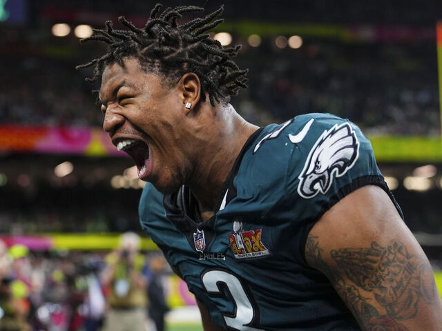 NEW ORLEANS, LA - FEBRUARY 09: Nolan Smith Jr. #3 of the Philadelphia Eagles celebrates during the NFL Super Bowl 59 football game against the Kansas City Chiefs at Caesars Superdome on February 9, 2025 in New Orleans, Louisiana.
