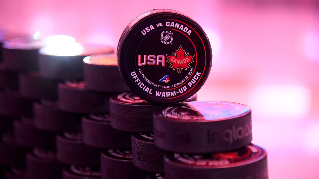 BOSTON, MASSACHUSETTS - FEBRUARY 20: A detailed view of a warm-up puck before the 4 Nations Face-Off Championship game between Team Canada and Team United States at TD Garden on February 20, 2025 in Boston, Massachusetts.