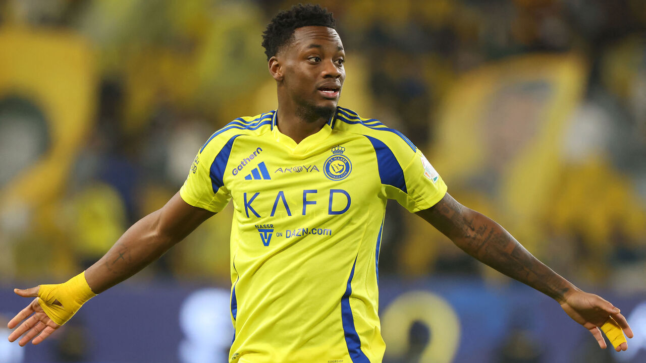 Nassr's Colombian Forward #9 Jhon Duran reacts during the Saudi Pro League football match between Al-Nassr and Al-Fayha at Al-Awwal Park in Riyadh on February 7, 2025.
