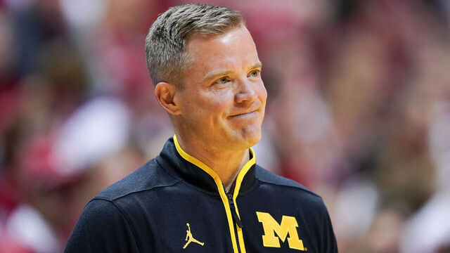 BLOOMINGTON, INDIANA - FEBRUARY 08: Head coach Dusty May of the Michigan Wolverines looks on in the first half against the Indiana Hoosiers at Simon Skjodt Assembly Hall on February 08, 2025 in Bloomington, Indiana.