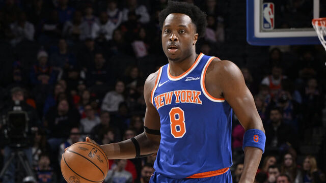 PHILADELPHIA, PA - JANUARY 15: OG Anunoby #8 of the New York Knicks goes up for the rebound during the game against the Philadelphia 76ers on January 15, 2025 at the Wells Fargo Center in Philadelphia, Pennsylvania NOTE TO USER: User expressly acknowledges and agrees that, by downloading and/or using this Photograph, user is consenting to the terms and conditions of the Getty Images License Agreement. Mandatory Copyright Notice: Copyright 2025 NBAE