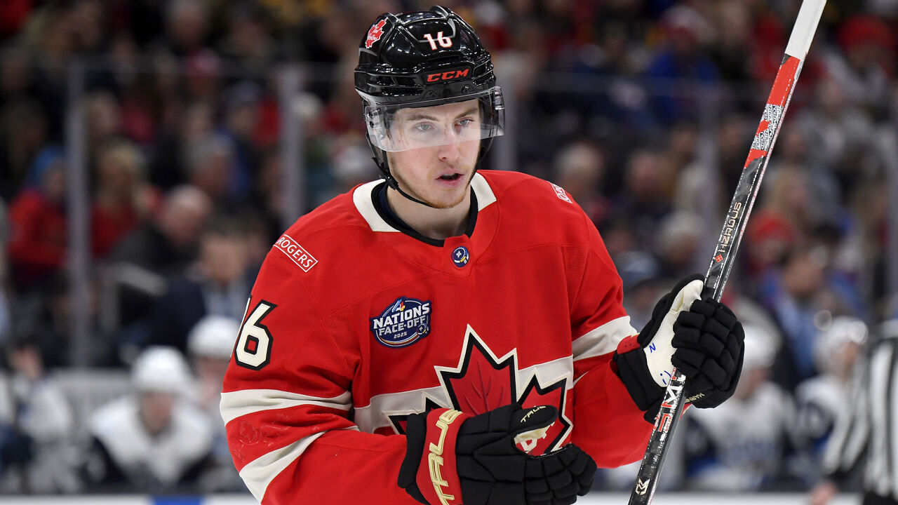 BOSTON, MASSACHUSETTS - FEBRUARY 17: Mitchell Marner #16 of Team Canada looks on during a break in play in the first period of the 4 Nations Face-Off between Team Canada and Team Finland at TD Garden on February 17, 2025 in Boston, Massachusetts.